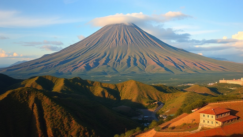 Pemandangan Gunung Vesuvius dengan latar belakang langit biru dan awan.