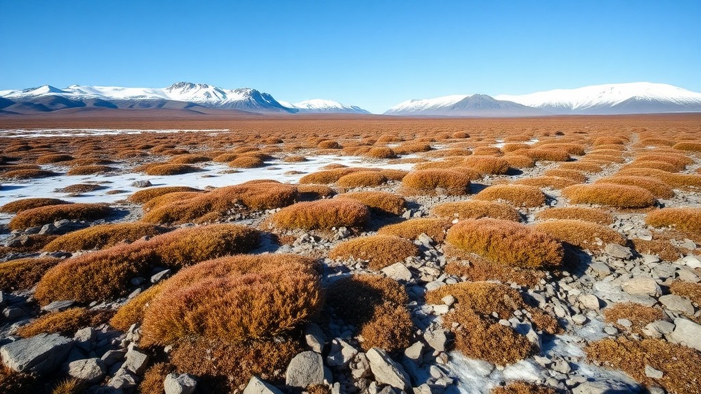 Pemandangan Tundra dengan Vegetasi Rendah dan Gunung di Latar Belakang