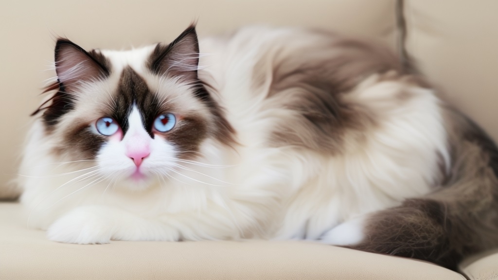 Gambar Kucing Ragdoll dengan bulu panjang dan mata biru terang sedang berbaring di atas sofa.