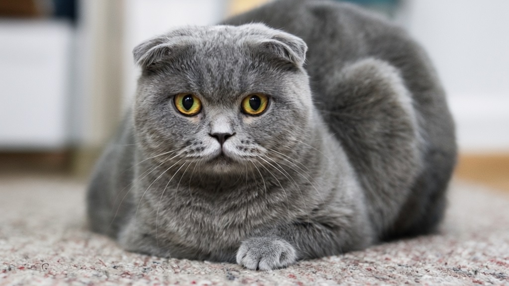 Gambar Kucing Scottish Fold dengan bulu abu-abu dan mata emas, duduk di atas karpet dengan telinga melipat ke depan.