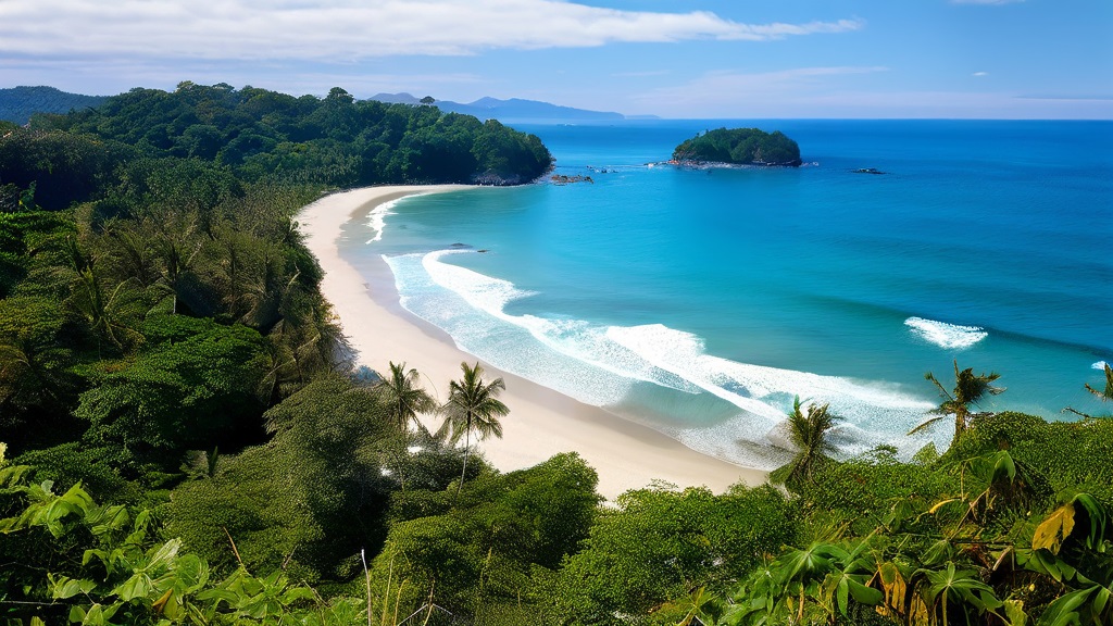 Pantai Manuel Antonio di Kosta Rika dengan pasir putih, laut biru, dan hutan tropis yang mengelilingi garis pantai