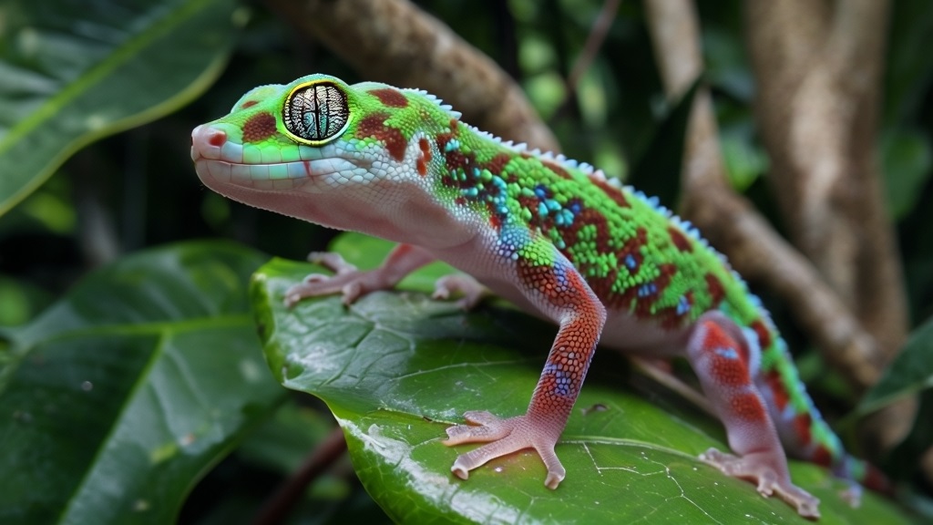 Tokek Berwarna Cerah di Atas Daun Hijau