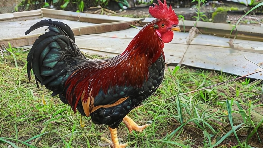 Seekor ayam jantan dengan bulu berwarna merah dan hitam sedang berdiri di atas tanah