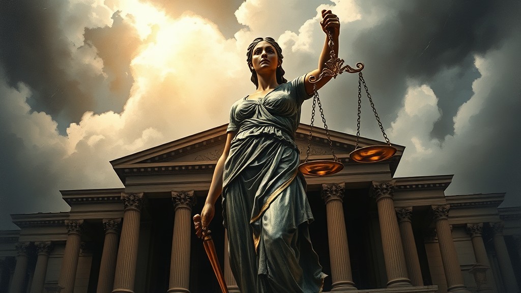 Lady Justice berdiri di atas tangga gedung pengadilan