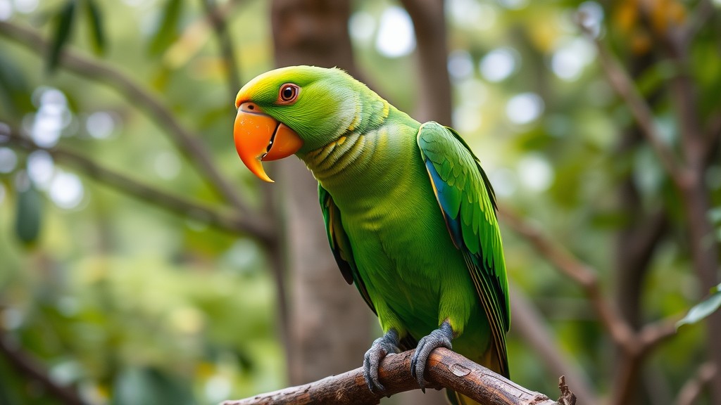 Seekor burung Beo berwarna hijau cerah dengan paruh oranye sedang bertengger di atas cabang pohon