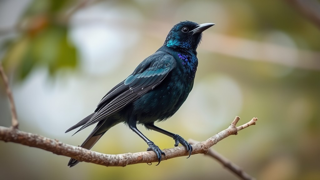 Seekor burung Jalak berwarna hitam mengkilap dengan kilauan biru dan ungu sedang bertengger di atas dahan pohon