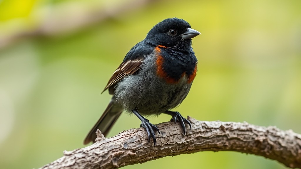 Seekor burung Murai Batu dengan bulu hitam mengkilap dan dada coklat kemerahan sedang bertengger di atas ranting pohon