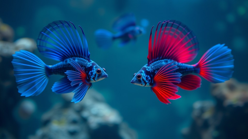 Ikan Cupang jantan berwarna biru dan merah dengan sirip ekor berbentuk kipas yang lebar berenang di dalam akuarium.