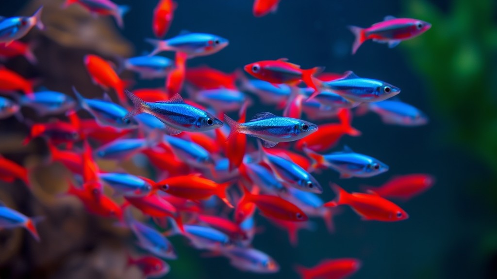 Ikan Neon Tetra berwarna biru neon dan merah cerah berenang dalam kelompok di dalam akuarium.