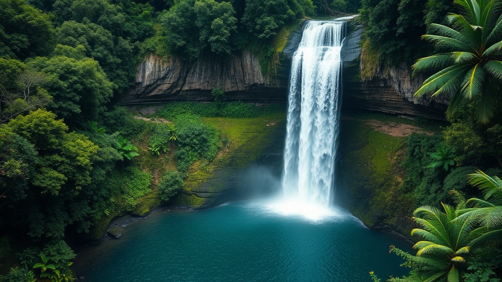 Pemandangan Air Terjun Trafalgar di Dominika, dengan dua aliran air yang jatuh dari tebing tinggi ke dalam kolam alami yang dikelilingi oleh hutan lebat