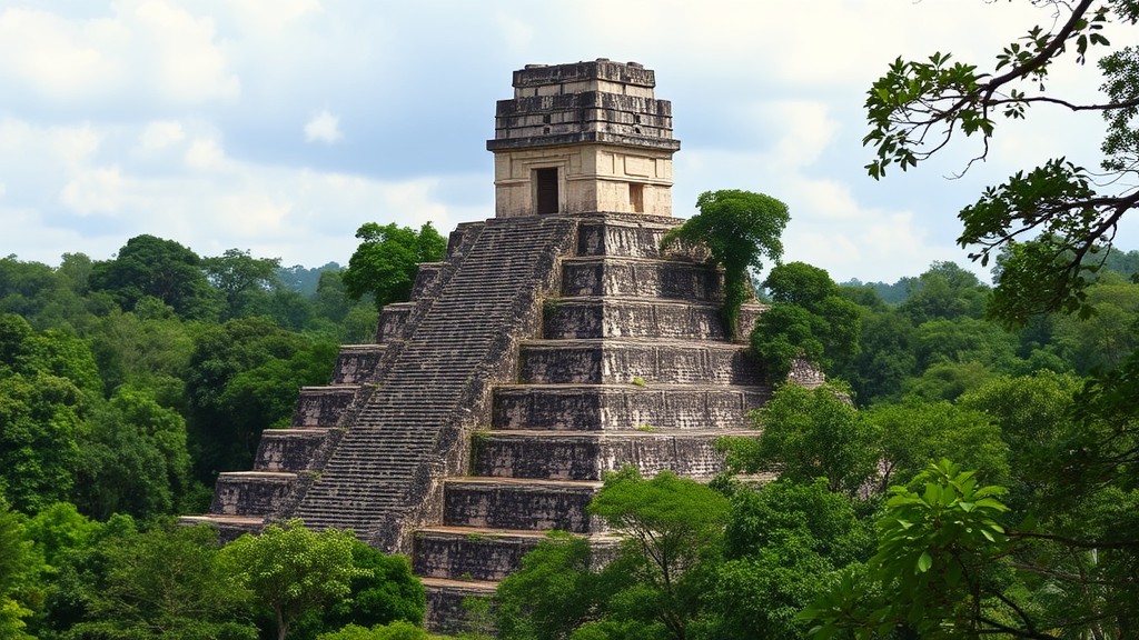 Pemandangan situs arkeologi Tikal di Guatemala, menampilkan piramida batu yang menjulang tinggi di tengah hutan hujan yang lebat.