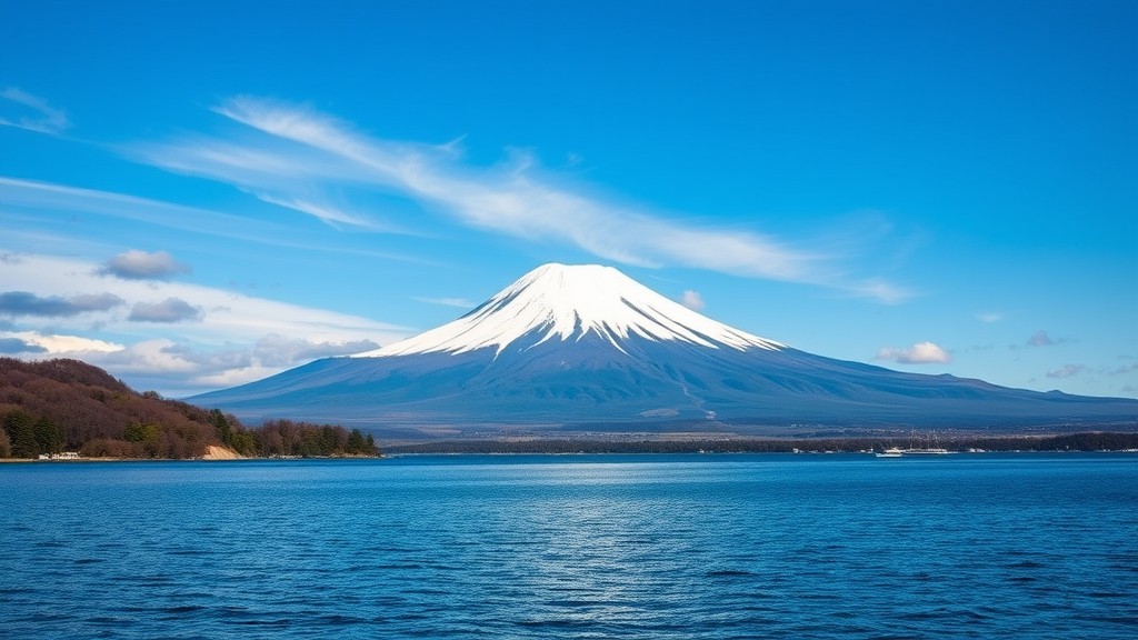 Pemandangan Gunung Fuji dengan puncak tertutup salju yang terlihat dari tepi Danau Kawaguchi di Jepang, dengan langit biru cerah dan air danau yang tenang.