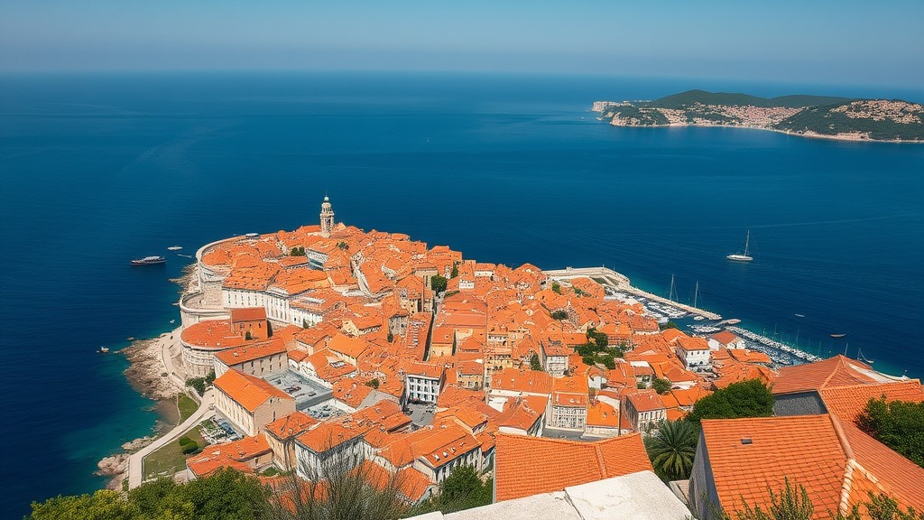  Pemandangan Kota Dubrovnik dari atas bukit, menunjukkan dinding kota tua yang mengelilingi bangunan bersejarah di tepi Laut Adriatik