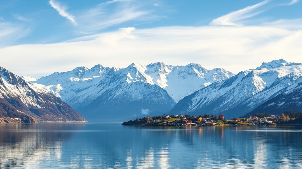 Pemandangan Fjord Norwegia dengan Pegunungan Salju