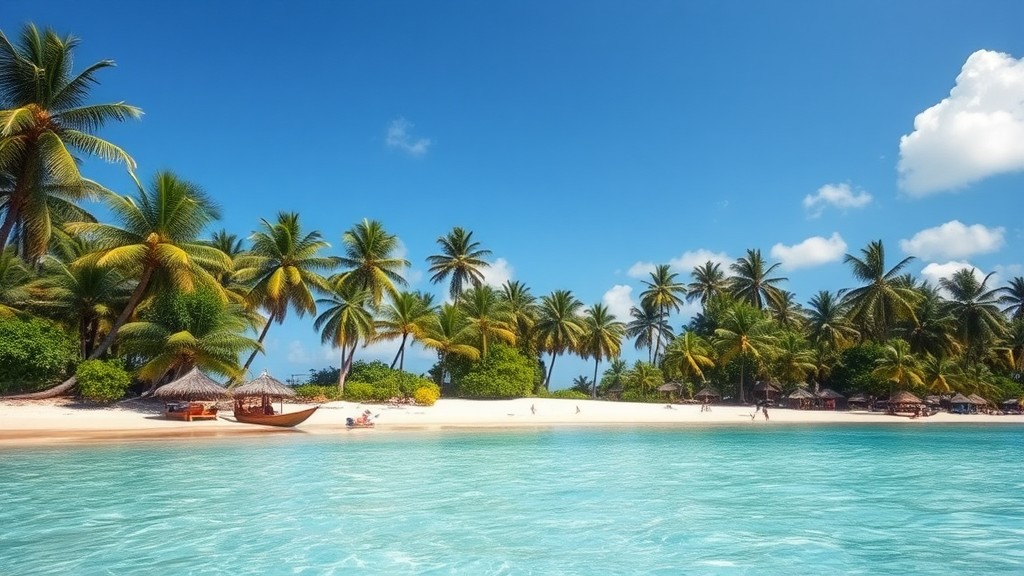 Pemandangan pantai Boracay dengan laut biru jernih dan pasir putih, serta pohon kelapa di pinggir pantai.