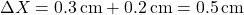 \[ \Delta X = 0.3 \, \text{cm} + 0.2 \, \text{cm} = 0.5 \, \text{cm} \]